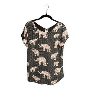 Chico’s Black and White Polka Dot Blouse With Elephant Print Size 0